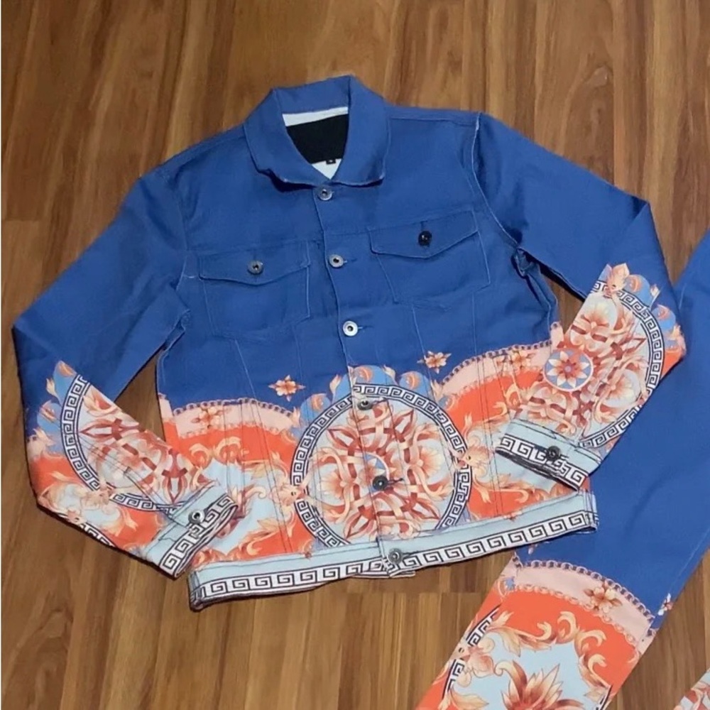 Vie Riche Baroque Print Denim Jean Jacket
